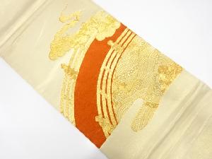 橋に流水・雲模様刺繍袋帯